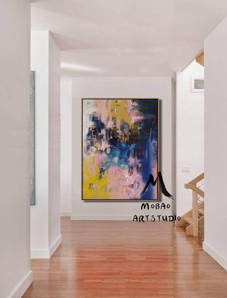 Pink Abstract Painting,Original Modern Abstract Art,Blue Abstract Painting Yellow Painting,Living Room Art, Large Texture Abstract Painting