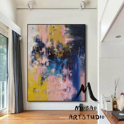 Pink Abstract Painting,Original Modern Abstract Art,Blue Abstract Painting Yellow Painting,Living Room Art, Large Texture Abstract Painting