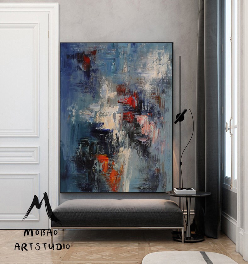Original Blue Abstract Painting, Large White Texture Abstract Painting,Large  Modern Abstract Art,Black Abstract Painting ,Living Room Art