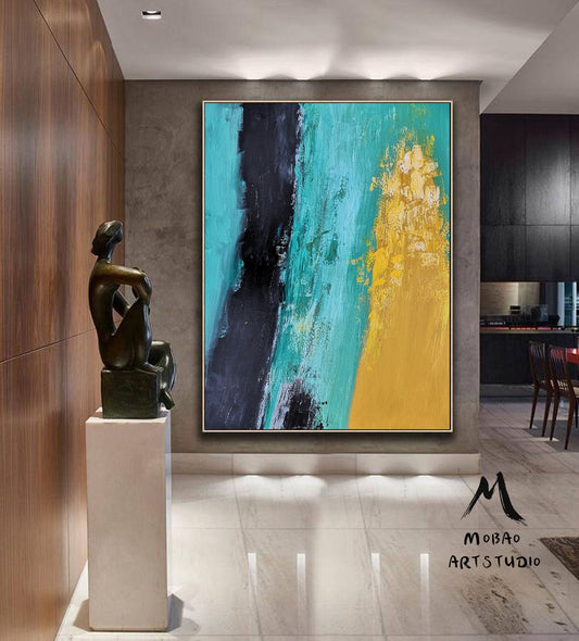 Large Green Texture Abstract Painting, Original Abstract Art on Canvas Painting,Black Abstract Painting Yellow Painting, Living Room Art