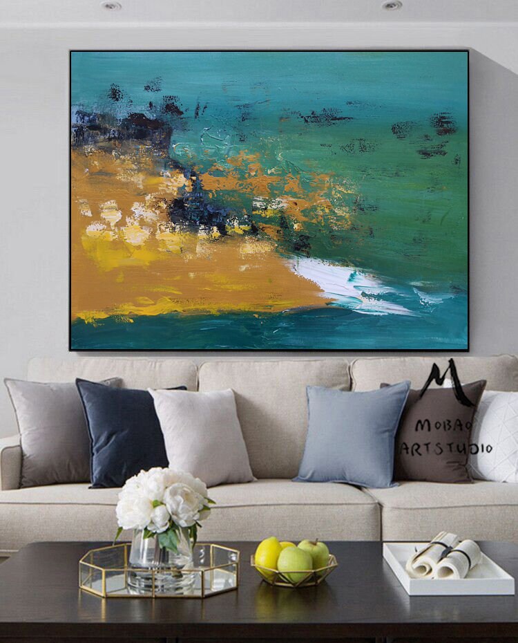 Original Green Abstract Painting, Large Texture Abstract Painting Modern Abstract Art Yellow Painting White Painting,Modern Living Room Art