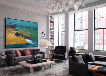 Original Green Abstract Painting, Large Texture Abstract Painting Modern Abstract Art Yellow Painting White Painting,Modern Living Room Art