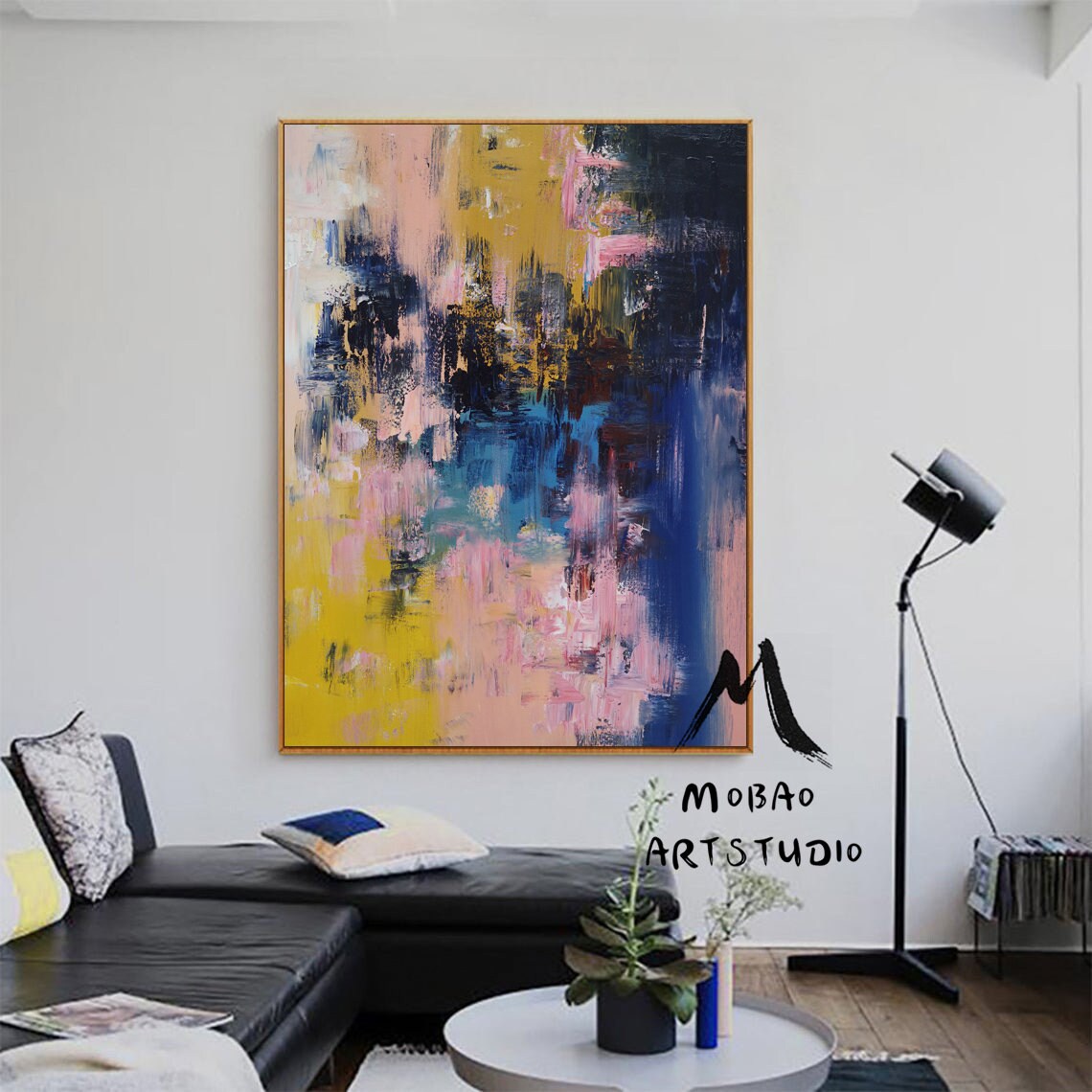 Pink Abstract Painting,Original Modern Abstract Art,Blue Abstract Painting Yellow Painting,Living Room Art, Large Texture Abstract Painting