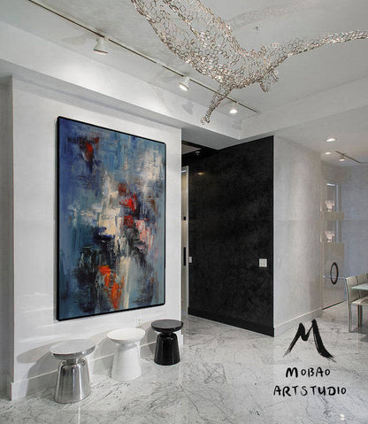 Original Blue Abstract Painting, Large White Texture Abstract Painting,Large  Modern Abstract Art,Black Abstract Painting ,Living Room Art