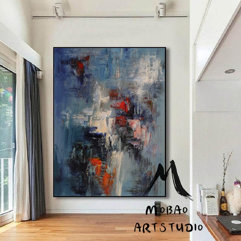 Original Blue Abstract Painting, Large White Texture Abstract Painting,Large  Modern Abstract Art,Black Abstract Painting ,Living Room Art
