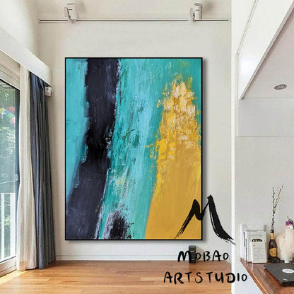 Large Green Texture Abstract Painting, Original Abstract Art on Canvas Painting,Black Abstract Painting Yellow Painting, Living Room Art