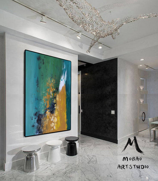 Large Green Abstract Painting, Large Yellow Texture Abstract Painting, Original Modern Abstract Art, Yellow Painting,Large Living Room Art