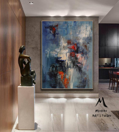 Original Blue Abstract Painting, Large White Texture Abstract Painting,Large  Modern Abstract Art,Black Abstract Painting ,Living Room Art