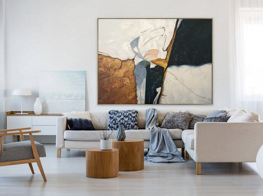 Large Gold Abstract Painting,Blue Painting Beige Painting,Original Minimalist Abstract Painting,Abstract Painting,Large Wall Canvas Painting