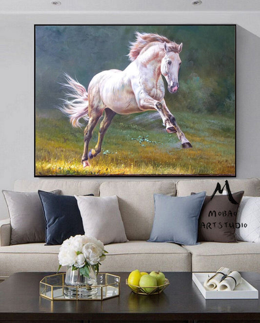 OriginalHorse Oil Painting White Horse Painting Horse Decor Pastoral Landscape Painting Horse Wall Art Large Living Room Art #M5209