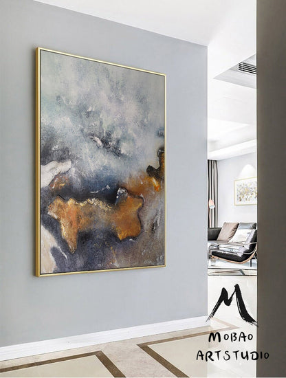Large Minimalist Abstract Painting,Large Texture Abstract Painting,Gold Abstract Painting,Gray Abstract Painting,Large Wall Canvas Painting