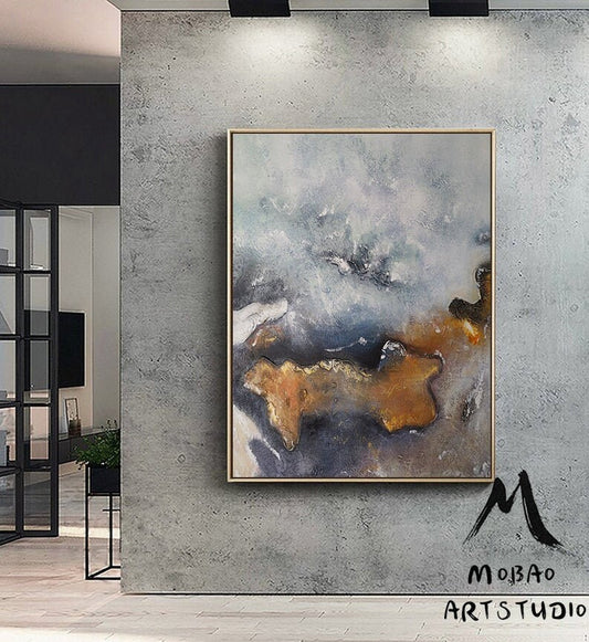Large Minimalist Abstract Painting,Large Texture Abstract Painting,Gold Abstract Painting,Gray Abstract Painting,Large Wall Canvas Painting