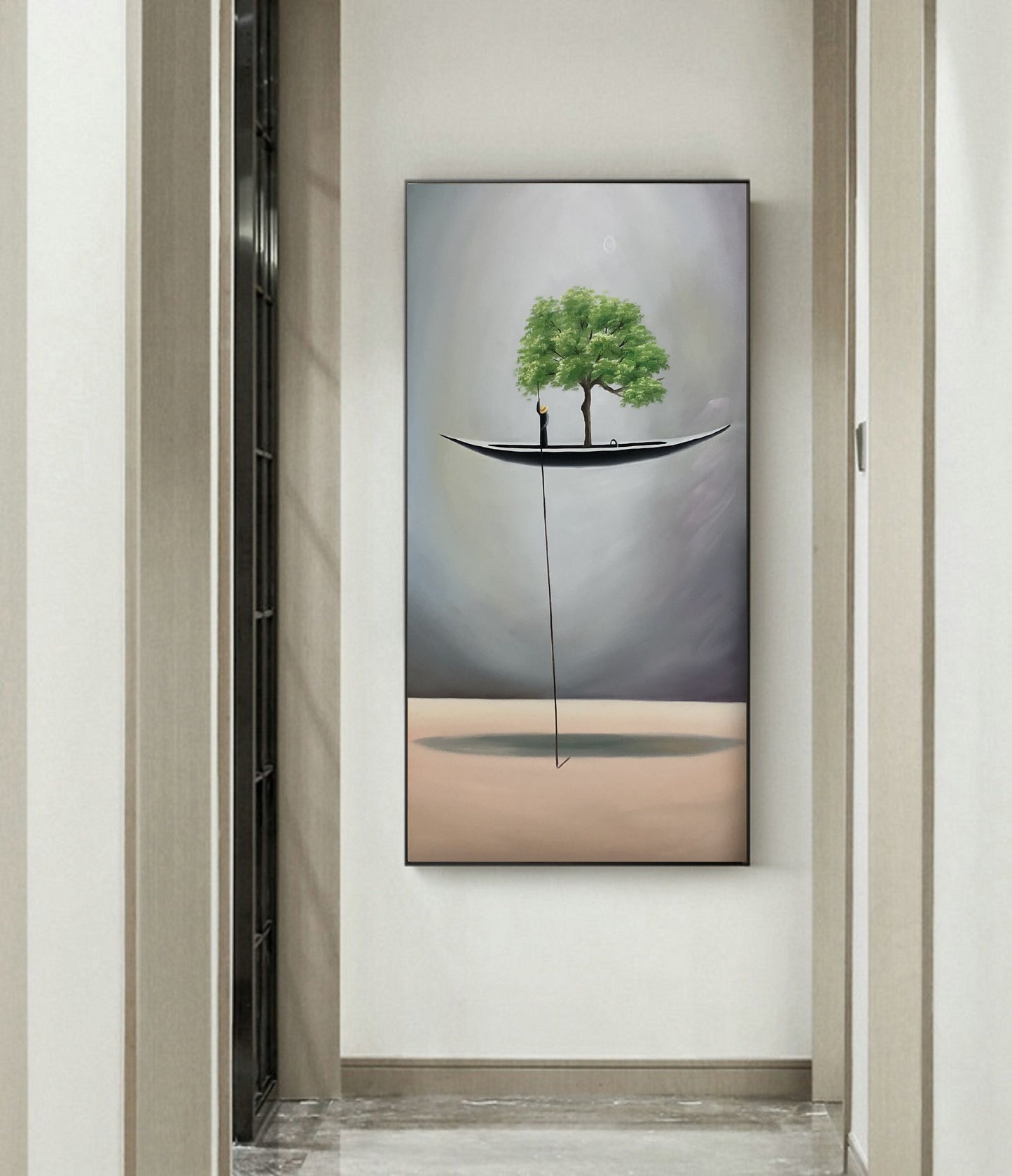 Original An abstract painting of a floating canoe,Green Abstract oil painting artwork Sailboat painting Wooden tall ship, Gray Boat painting