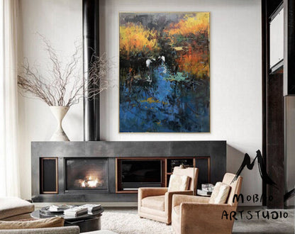 Original Blue landscape painting,Large landscape painting on Canvas,Birds oil painting,Original reed landscape painting,Living room art