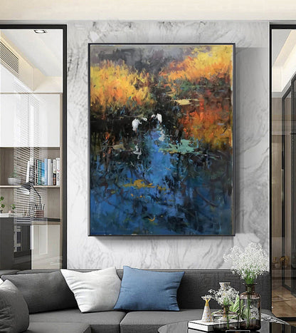 Original Blue landscape painting,Large landscape painting on Canvas,Birds oil painting,Original reed landscape painting,Living room art
