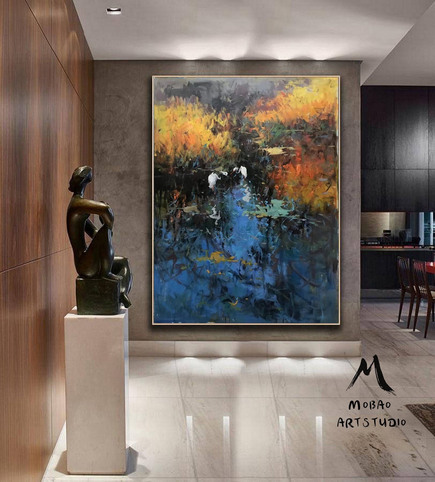 Original Blue landscape painting,Large landscape painting on Canvas,Birds oil painting,Original reed landscape painting,Living room art
