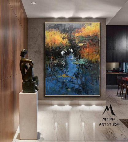 Original Blue landscape painting,Large landscape painting on Canvas,Birds oil painting,Original reed landscape painting,Living room art