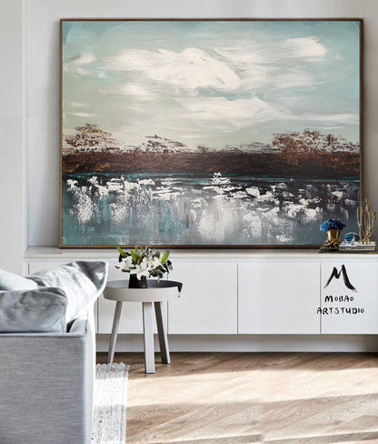 Original White Cloud Painting,Sky Abstract Painting,Sea Abstract Art Painting,Large Ocean Painting,Bronze Abstract Painting,Living room art