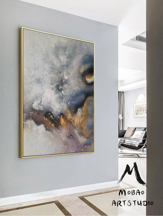 Large Gold Minimalist Abstract Painting, Texture Abstract Painting,Gold Abstract Painting,Gray Abstract Painting,Large Wall Canvas Painting