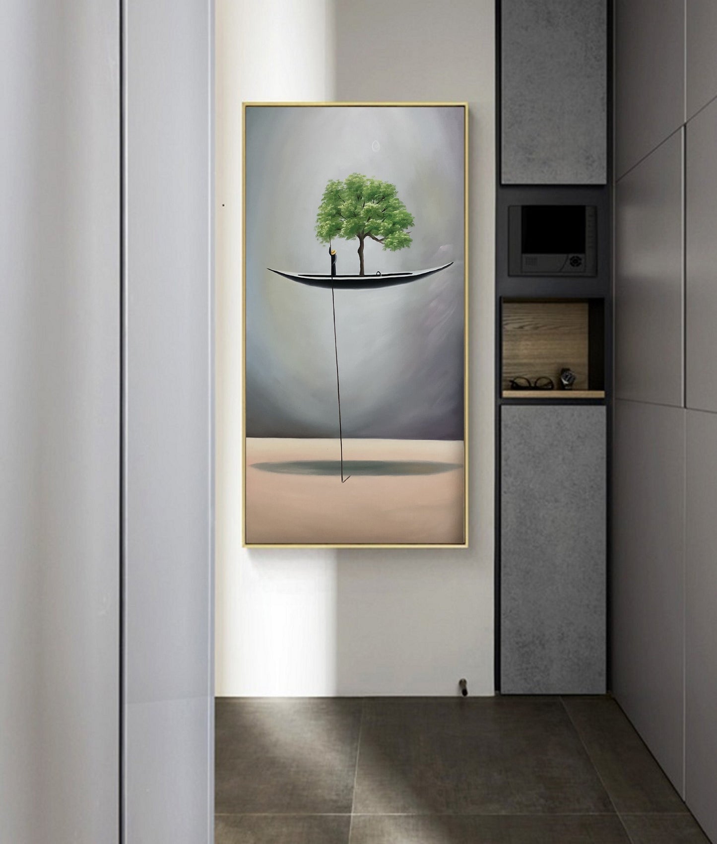 Original An abstract painting of a floating canoe,Green Abstract oil painting artwork Sailboat painting Wooden tall ship, Gray Boat painting