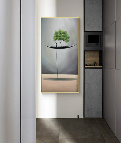 Original An abstract painting of a floating canoe,Green Abstract oil painting artwork Sailboat painting Wooden tall ship, Gray Boat painting