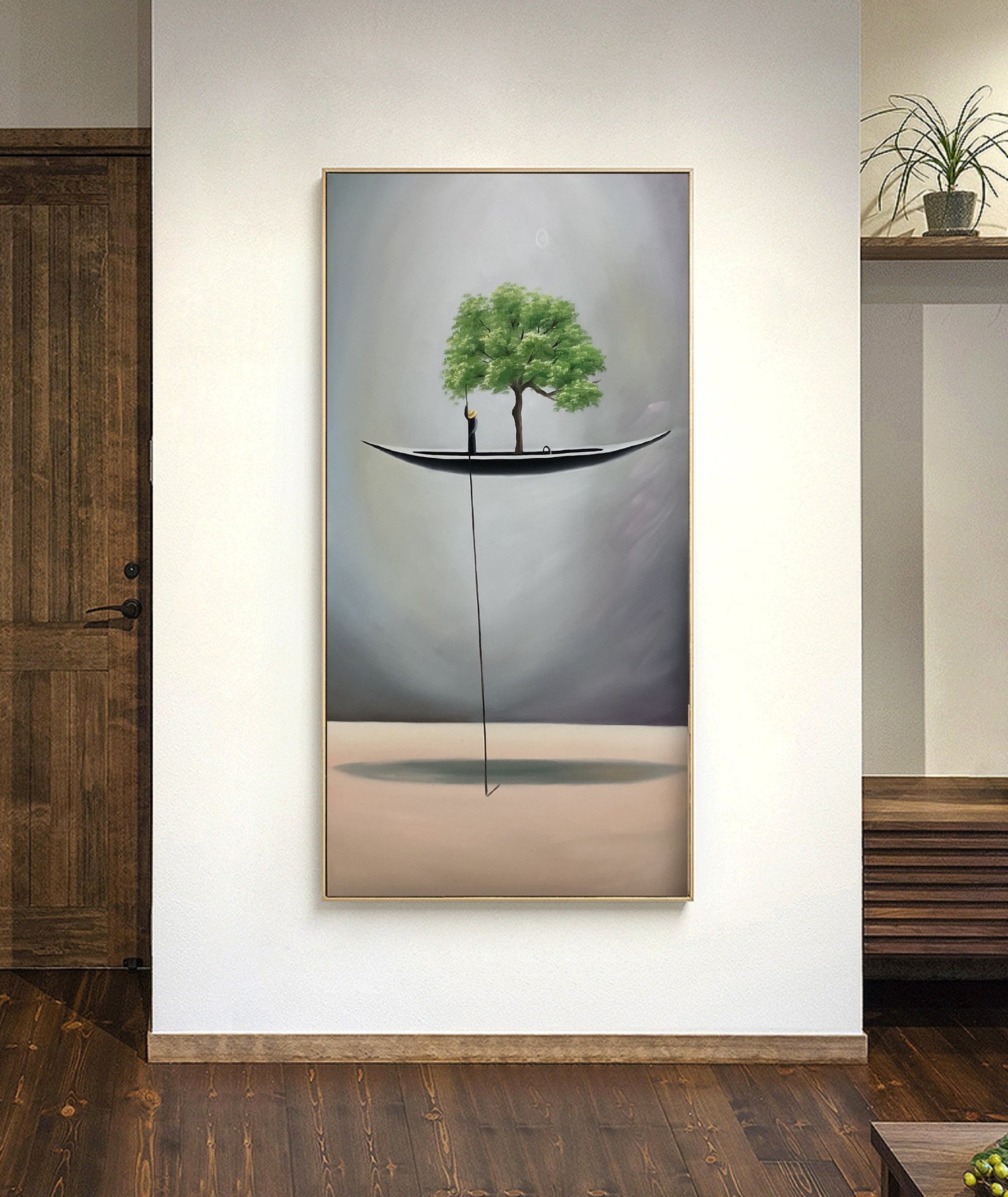 Original An abstract painting of a floating canoe,Green Abstract oil painting artwork Sailboat painting Wooden tall ship, Gray Boat painting