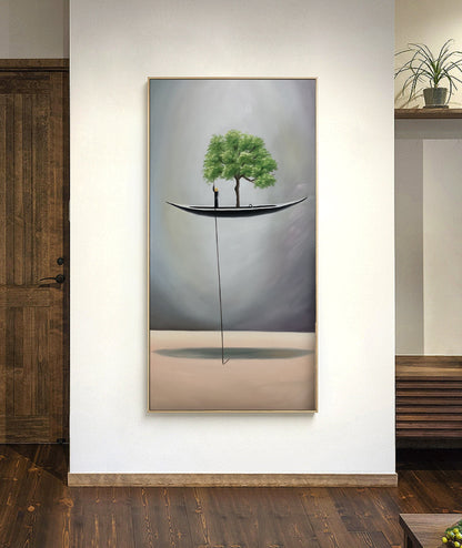 Original An abstract painting of a floating canoe,Green Abstract oil painting artwork Sailboat painting Wooden tall ship, Gray Boat painting