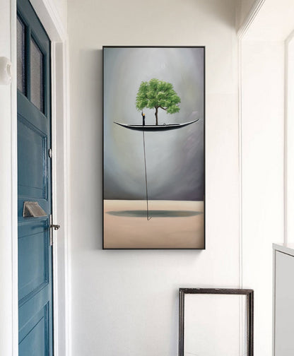 Original An abstract painting of a floating canoe,Green Abstract oil painting artwork Sailboat painting Wooden tall ship, Gray Boat painting