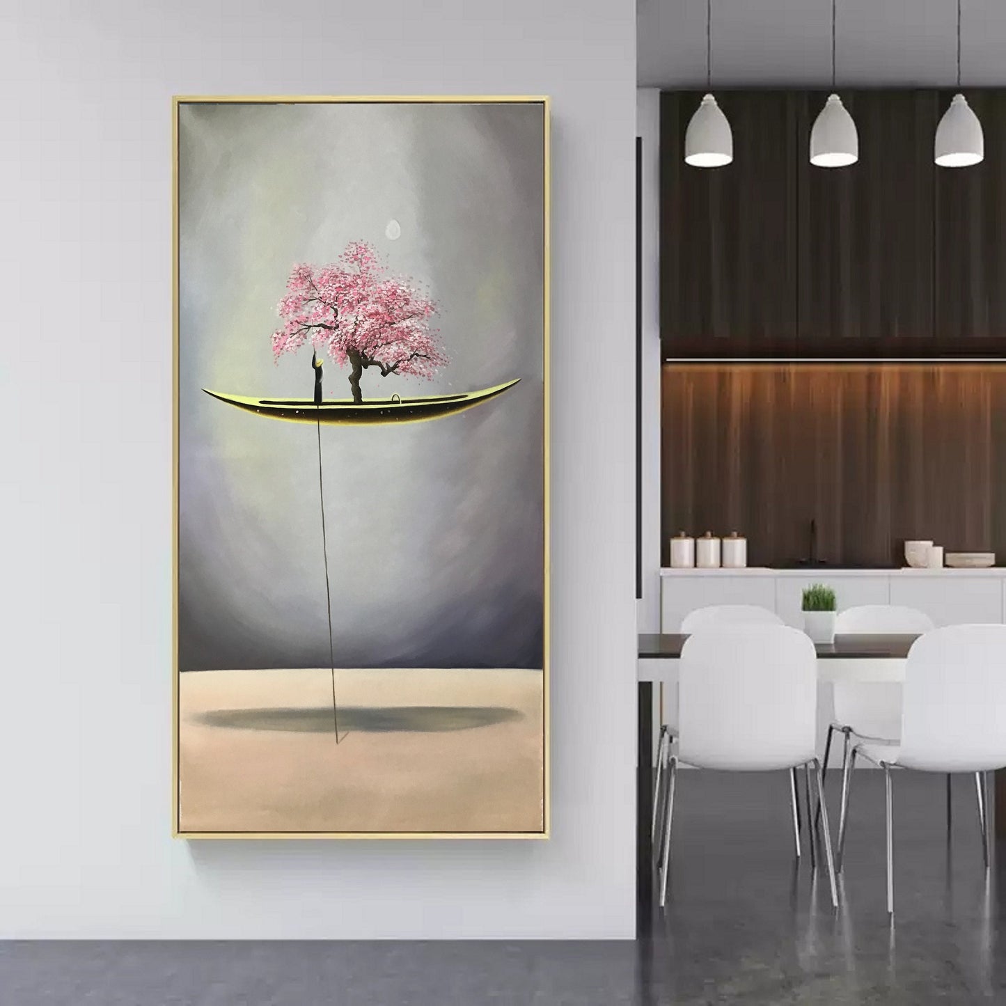 An Abstract Painting of a Floating Canoe,Abstract Oil Painting Artwork,Peach Blossom Tree Painting,Sailboat Painting Wooden Tall Ship Art