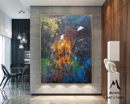Large Blue abstract painting,Large Orange landscape painting on Canvas,Birds oil painting,Original Brown landscape painting,Living room art