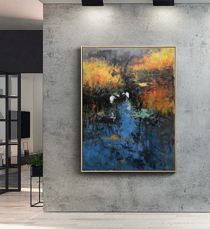 Original Blue landscape painting,Large landscape painting on Canvas,Birds oil painting,Original reed landscape painting,Living room art