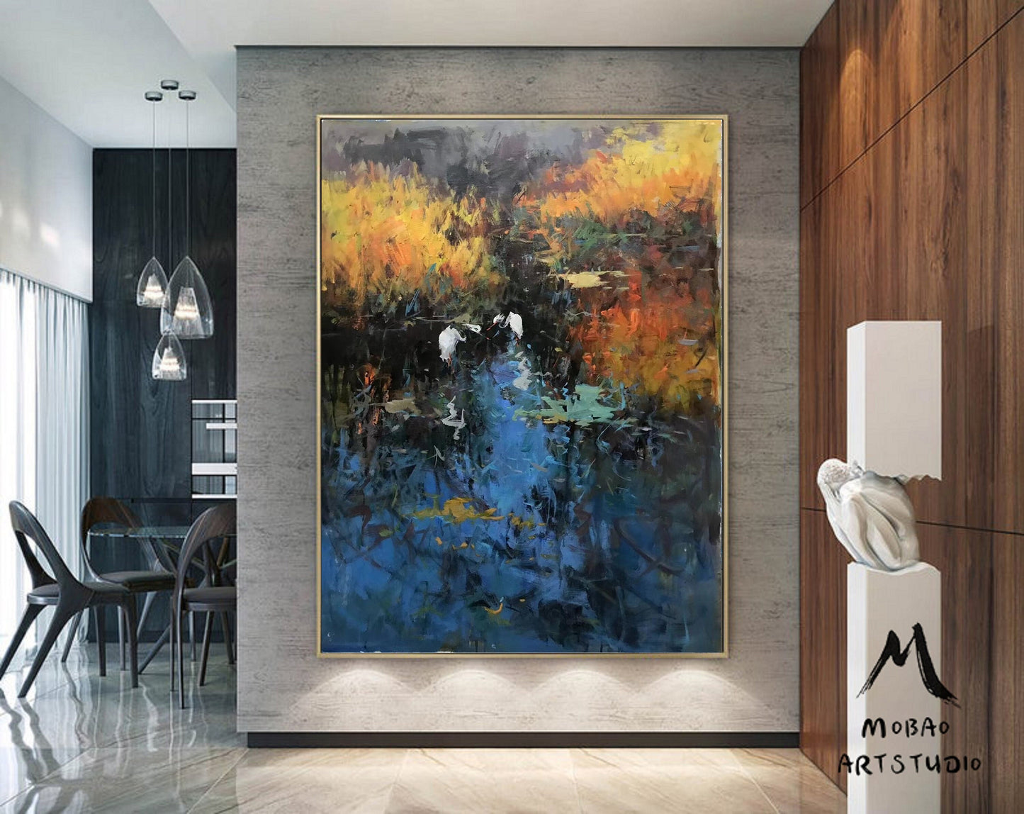 Original Blue landscape painting,Large landscape painting on Canvas,Birds oil painting,Original reed landscape painting,Living room art