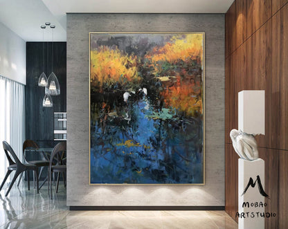 Original Blue landscape painting,Large landscape painting on Canvas,Birds oil painting,Original reed landscape painting,Living room art