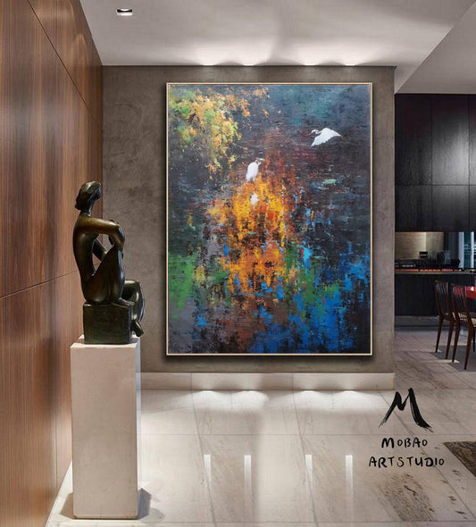 Large Blue abstract painting,Large Orange landscape painting on Canvas,Birds oil painting,Original Brown landscape painting,Living room art