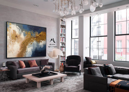 Original Gold Abstract Painting,Large Blue Painting Gold Abstract Art Extra Large Painting on Canvas,Contemporary Art Modern Oil Painting