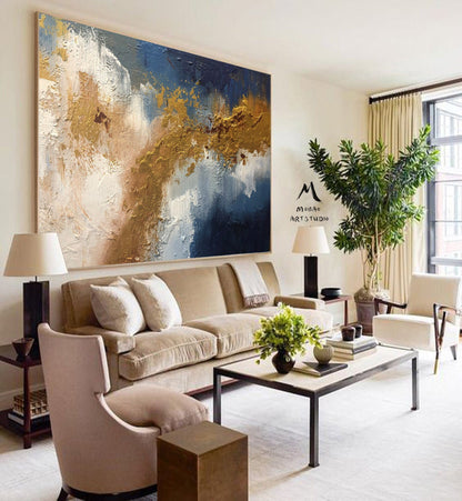 Original Gold Abstract Painting,Large Blue Painting Gold Abstract Art Extra Large Painting on Canvas,Contemporary Art Modern Oil Painting