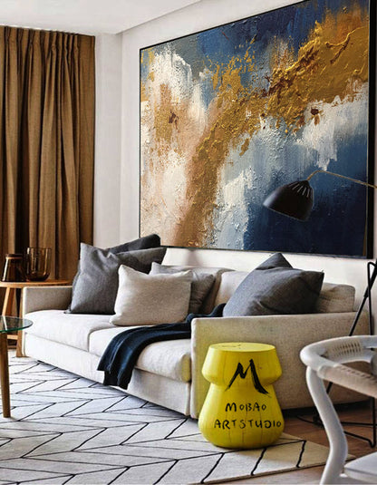 Original Gold Abstract Painting,Large Blue Painting Gold Abstract Art Extra Large Painting on Canvas,Contemporary Art Modern Oil Painting