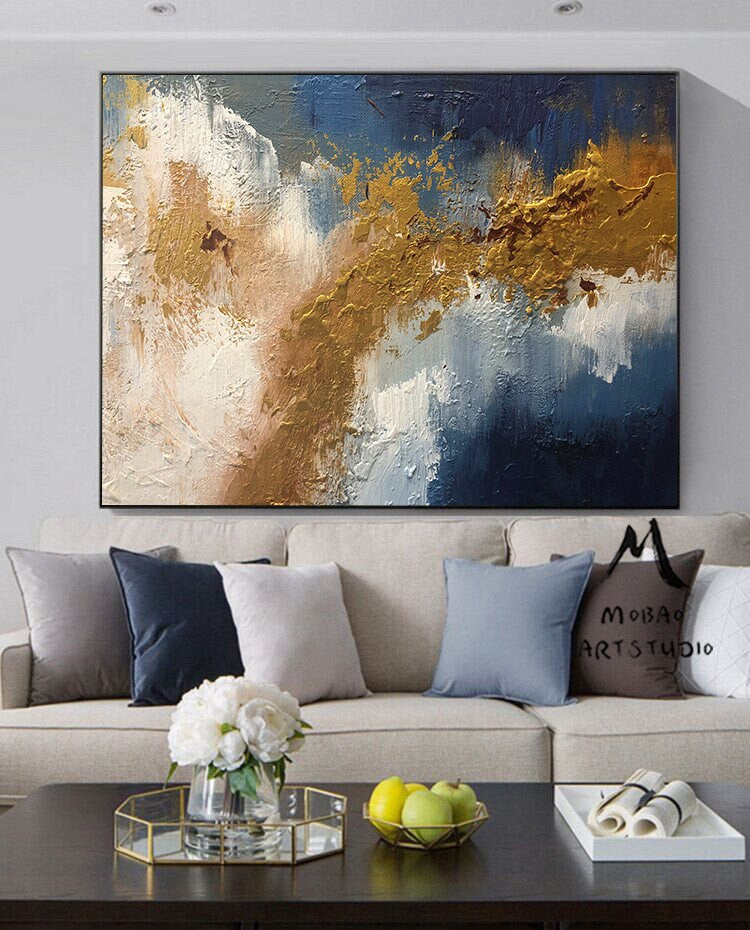 Original Gold Abstract Painting,Large Blue Painting Gold Abstract Art Extra Large Painting on Canvas,Contemporary Art Modern Oil Painting