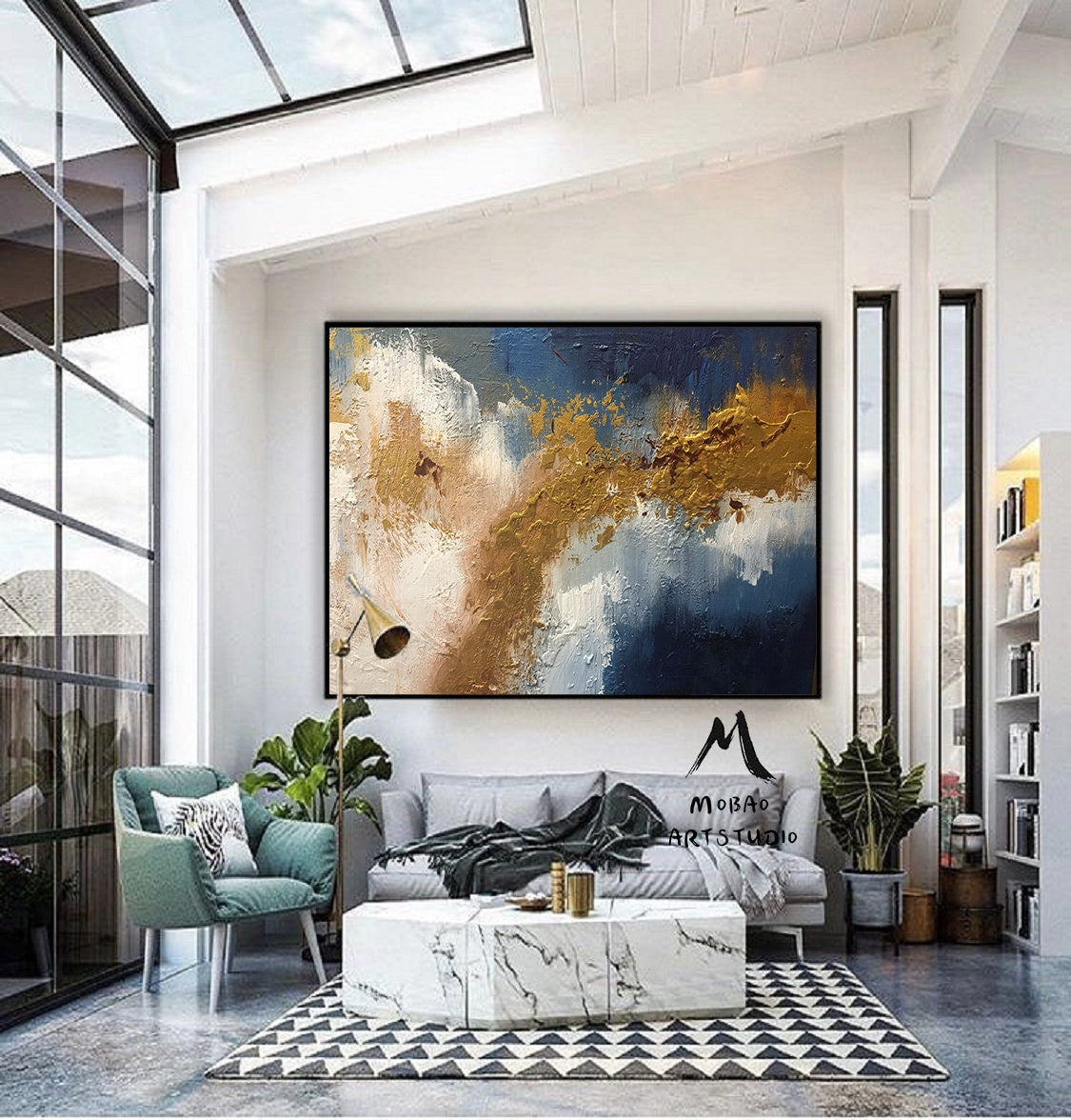 Original Gold Abstract Painting,Large Blue Painting Gold Abstract Art Extra Large Painting on Canvas,Contemporary Art Modern Oil Painting