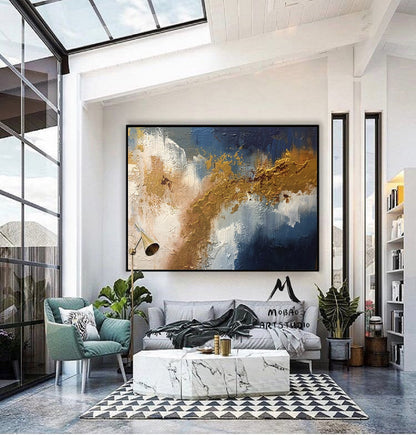 Original Gold Abstract Painting,Large Blue Painting Gold Abstract Art Extra Large Painting on Canvas,Contemporary Art Modern Oil Painting