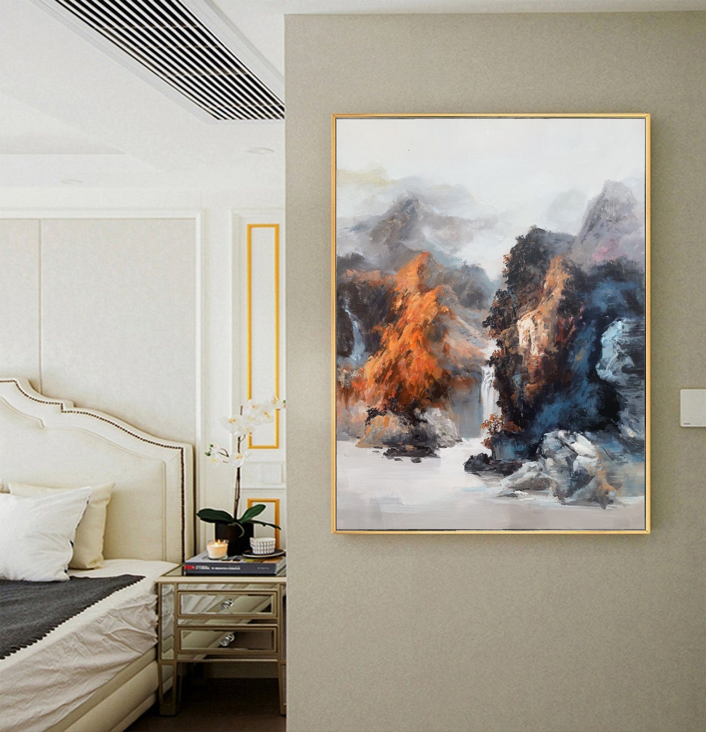 Original Waterfall Landscape Painting, Large Mountain Landscape Painting on Canvas, Large Landscape Blue Abstract Painting, Living Room Art