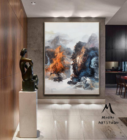 Original Waterfall Landscape Painting, Large Mountain Landscape Painting on Canvas, Large Landscape Blue Abstract Painting, Living Room Art