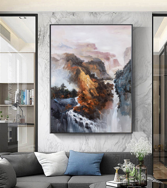 Large Waterfall Landscape Painting, Original Mountain Landscape Painting on Canvas, Orange Landscape Abstract Painting, Living Room Art