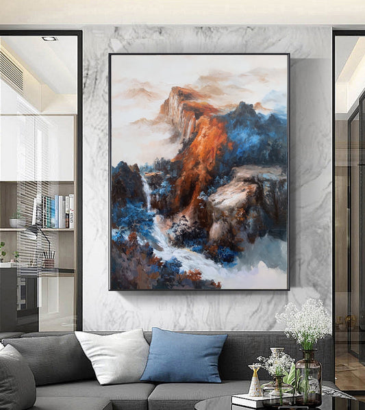 Large Blue Landscape Abstract Painting,Waterfall Landscape Painting,Original Mountain Landscape Painting on Canvas, Living Room Art Painting