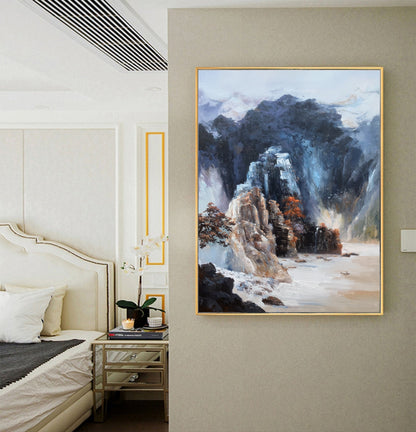 Original Dark Blue Mountain Landscape Painting,Blue Landscape Abstract Painting,Large Landscape Paintingon Canvas,Living Room Art Painting