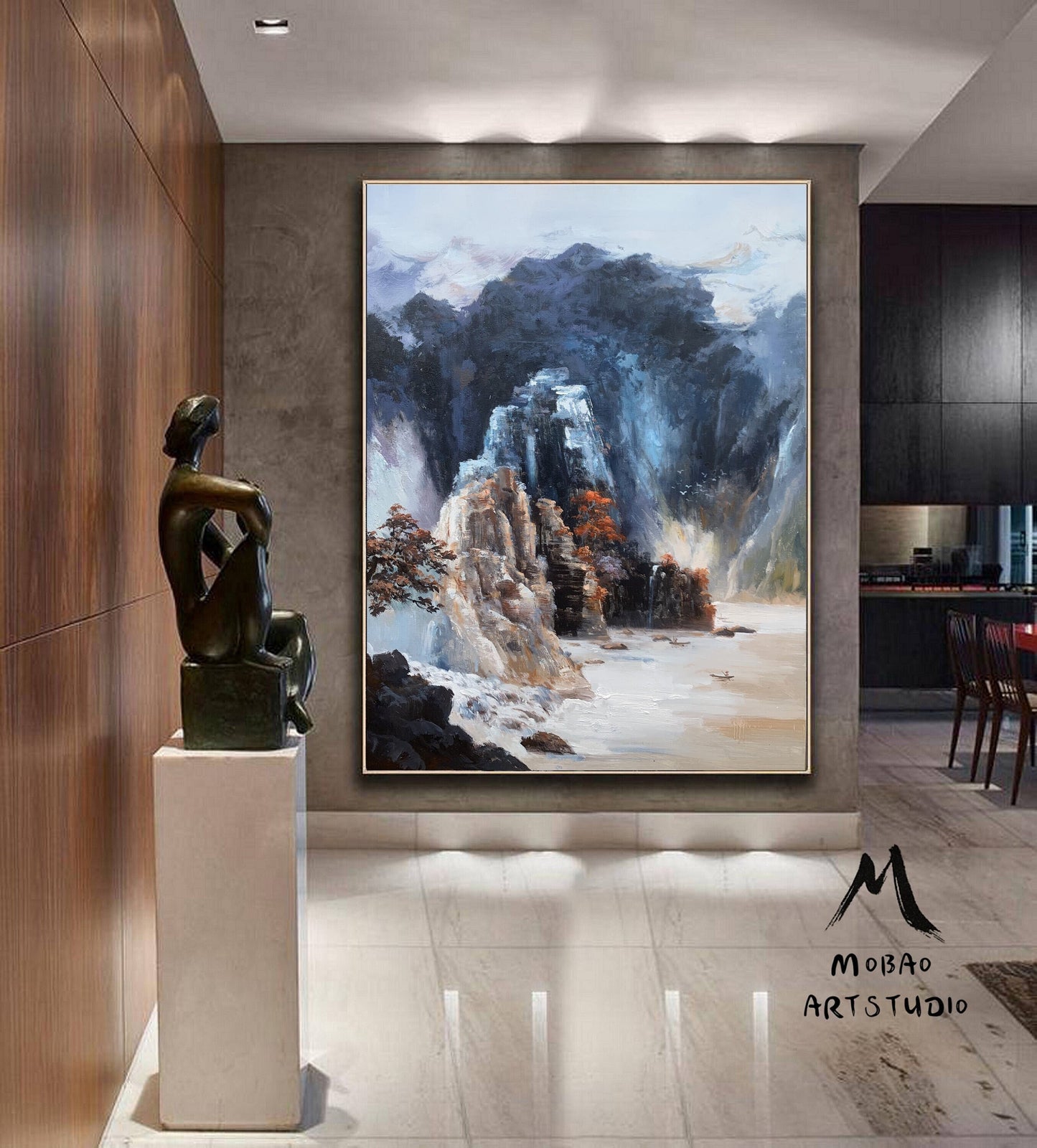 Original Dark Blue Mountain Landscape Painting,Blue Landscape Abstract Painting,Large Landscape Paintingon Canvas,Living Room Art Painting