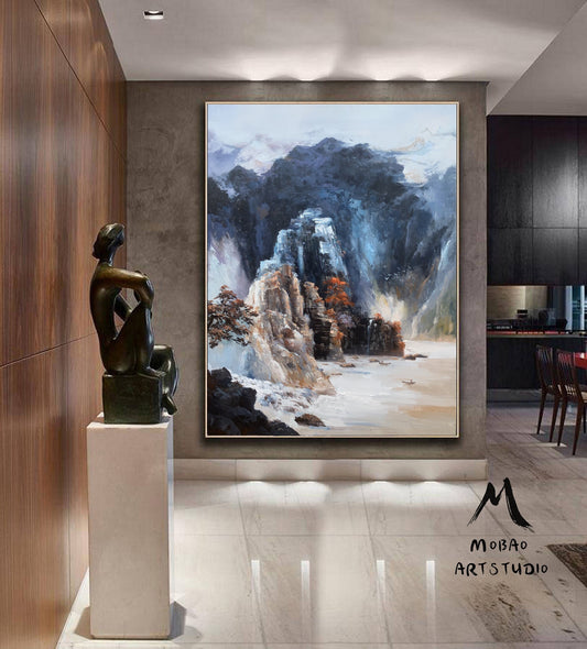 Original Dark Blue Mountain Landscape Painting,Blue Landscape Abstract Painting,Large Landscape Paintingon Canvas,Living Room Art Painting