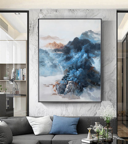 Original Dark Blue Mountain Landscape Painting,Large Landscape Paintingon Canvas,Blue Landscape Abstract Painting,Living Room Art Painting