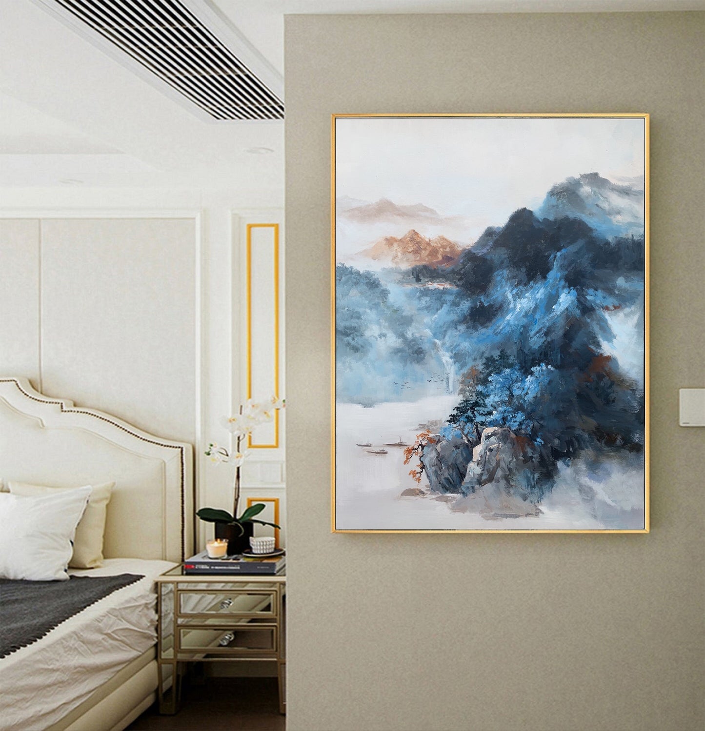 Original Dark Blue Mountain Landscape Painting,Large Landscape Paintingon Canvas,Blue Landscape Abstract Painting,Living Room Art Painting