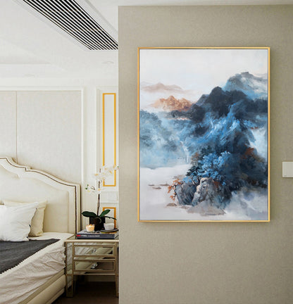 Original Dark Blue Mountain Landscape Painting,Large Landscape Paintingon Canvas,Blue Landscape Abstract Painting,Living Room Art Painting